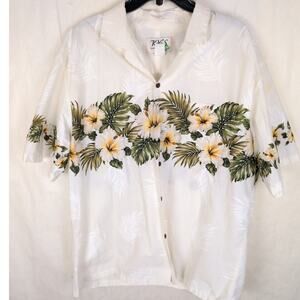KY's Hawaiian floral print ivory button up shirt Size XL Tropical Vacation Retro